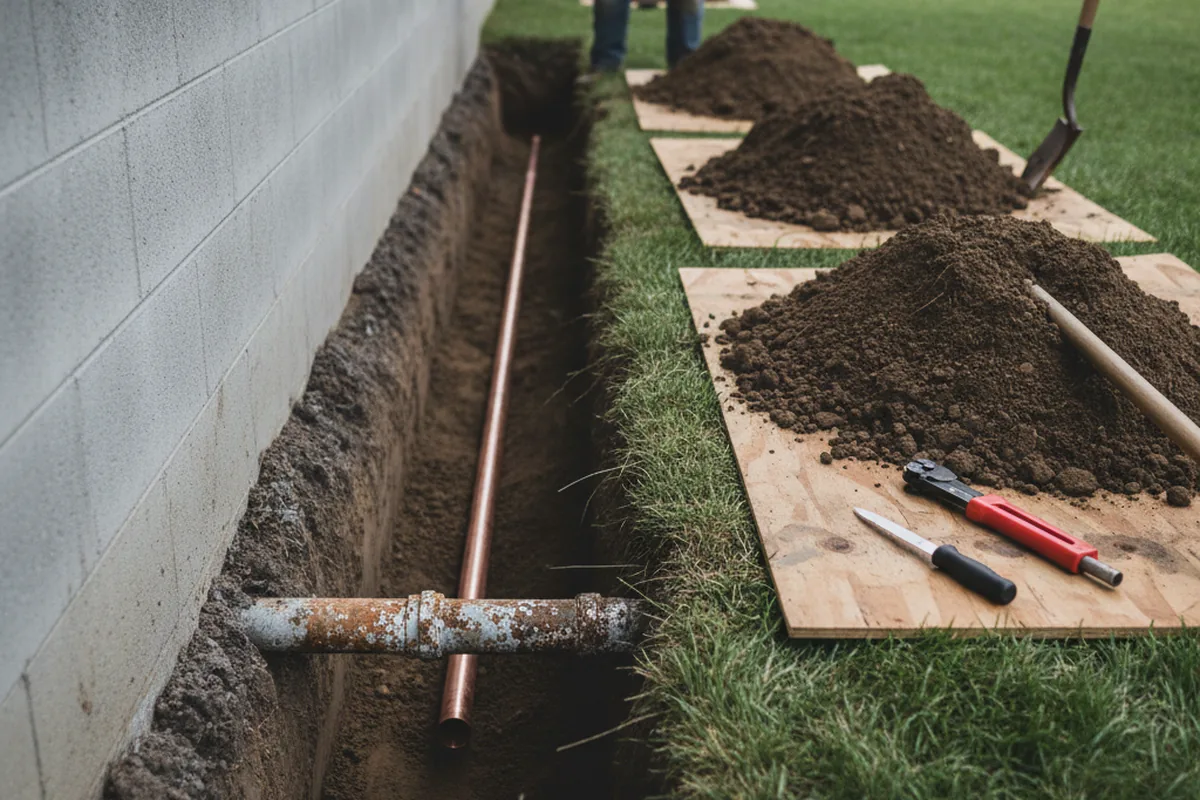 Excavated water line trench during Sewer Line Repair in Factoryville